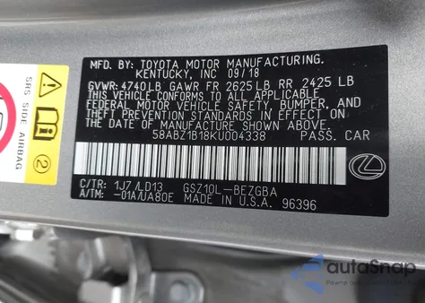 2019 Lexus Es 350 from USA, damaged, VIN 58ABZ1B18KU004338